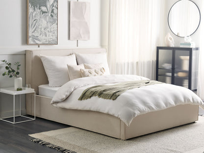 Beige Fabric King Size Ottoman Bed with Storage & Slatted Frame