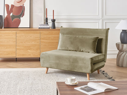 Olive Green Velvet 1-Seater Sofa Bed with Wooden Legs