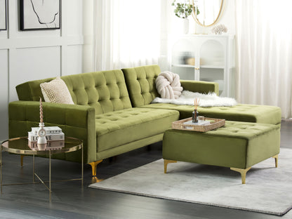 Luxurious Green Velvet L-Shaped Sofa Bed with Ottoman
