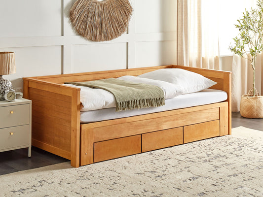 Rustic Rubberwood Bed Frame with Storage & Trundle Expansion