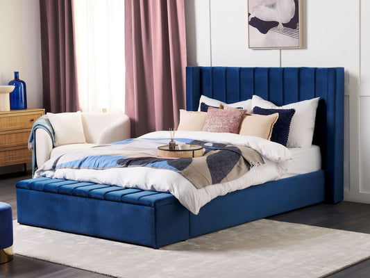 Luxurious Blue Velvet King Size Waterbed with Storage Bench