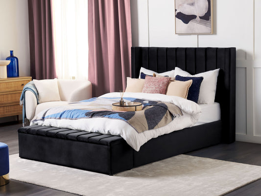 Luxurious Black Velvet EU Double Waterbed with Storage Bench