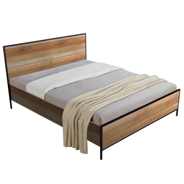 Wenatchee Classic Oak Effect Bed Frame with Black Metal Accents - King Size Elegance