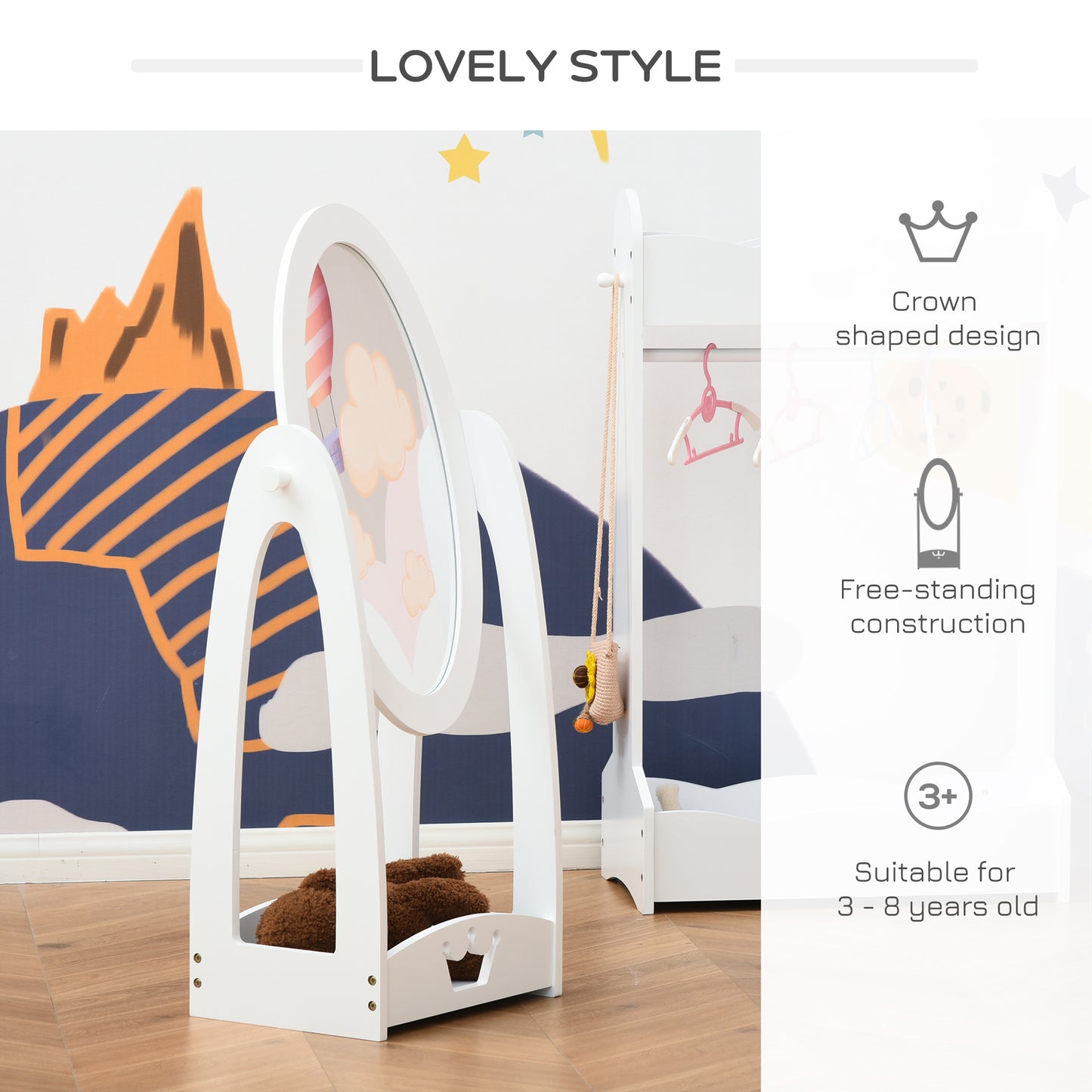 HOMCOM ree Standing Full Length Mirror, Child's Dressing Mirror with storage shelf, Children's White Bedroom Furniture 360° Rotation MDF, For 3- 8 Years Old, 40L x 30W x 104H cm