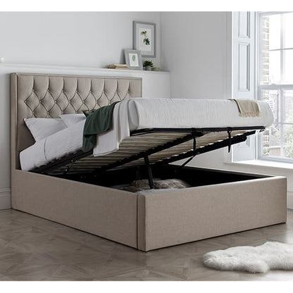 King Size Ottoman Storage Bed in Oatmeal Fabric with Buttoned Headboard