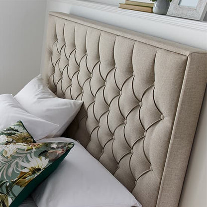 King Size Ottoman Storage Bed in Oatmeal Fabric with Buttoned Headboard