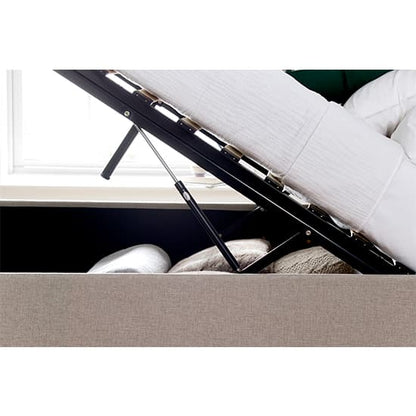 King Size Ottoman Storage Bed in Oatmeal Fabric with Buttoned Headboard