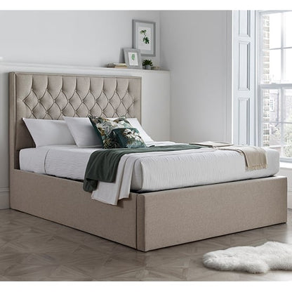 King Size Ottoman Storage Bed in Oatmeal Fabric with Buttoned Headboard