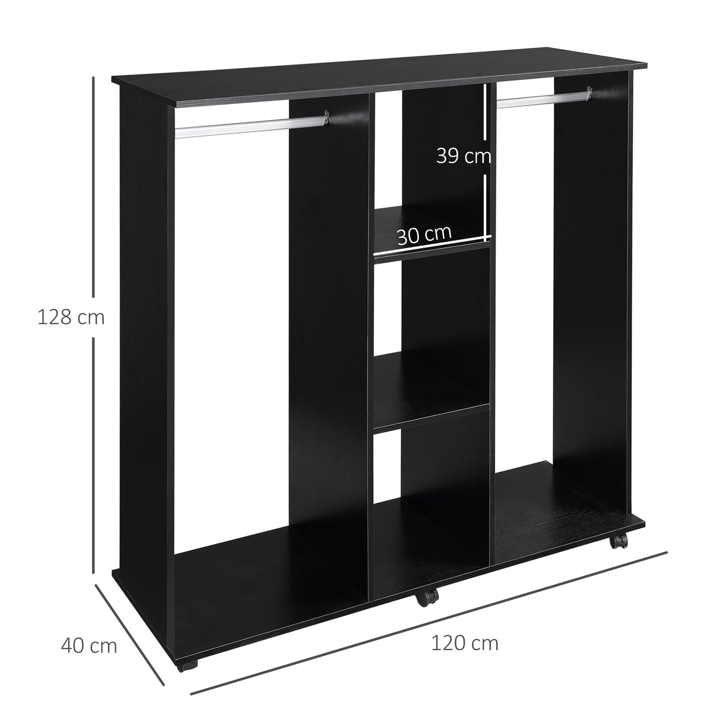 HOMCOM ouble Open Wardrobe on Wheels, Bedroom Wardrobe with Clothes Hanging Rails, 3 Storage Shelves, Mobile Garment Rack for Cloakroom, Hallway, Black