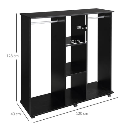 HOMCOM ouble Open Wardrobe on Wheels, Bedroom Wardrobe with Clothes Hanging Rails, 3 Storage Shelves, Mobile Garment Rack for Cloakroom, Hallway, Black